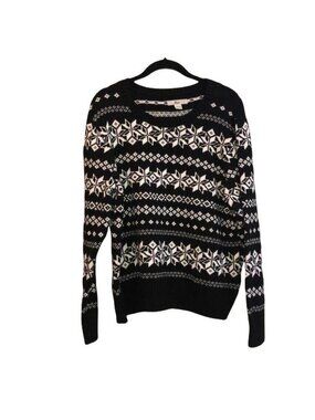 Black White Bass XXL Nordic Snowflake Pattern Sweater Winter Knit Pullover
